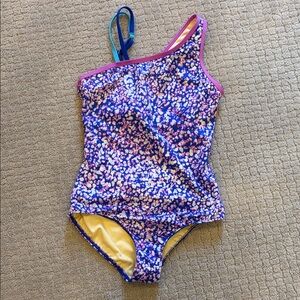 Lands End Girls One-Shoulder Purple Floral One-Piece Swimsuit with Pink Trim